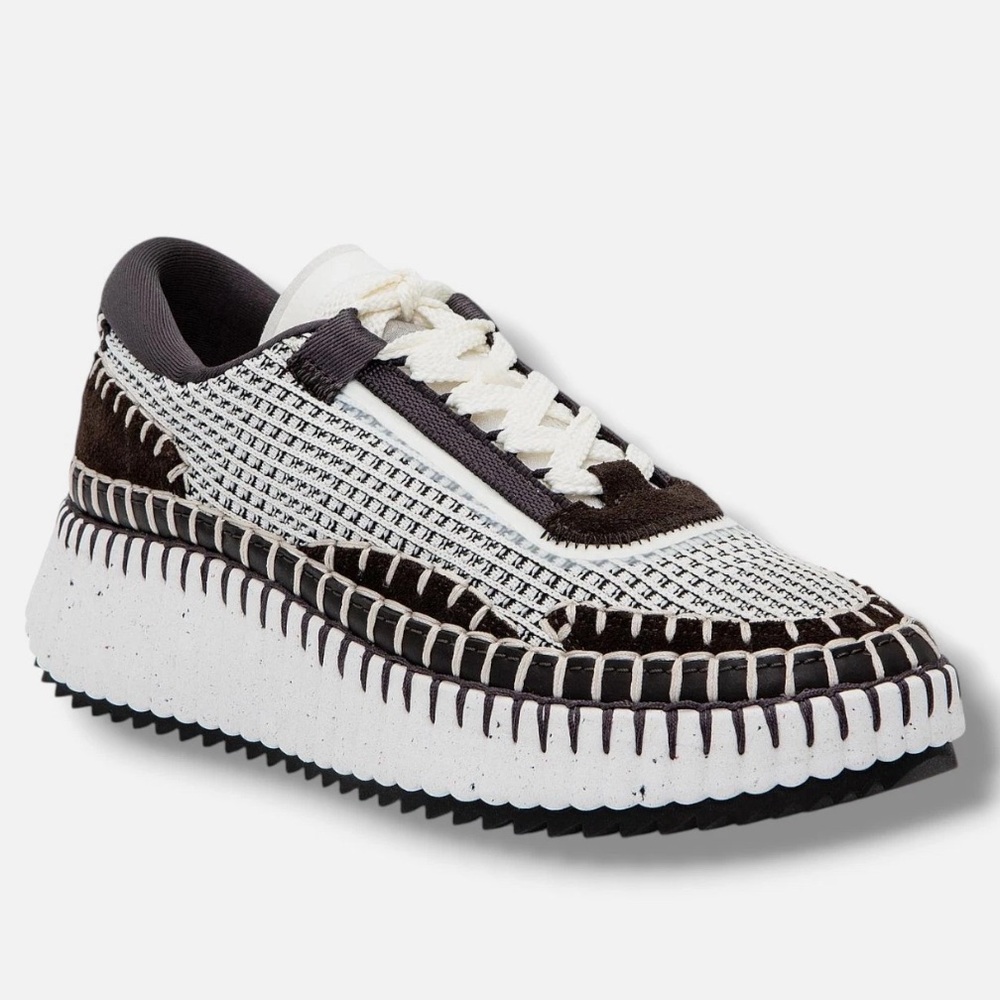 Chloe Nama Woven Stitch-Trim Platform Sneaker Size 38 White Black & Brown NIB - Picture 3 of 17